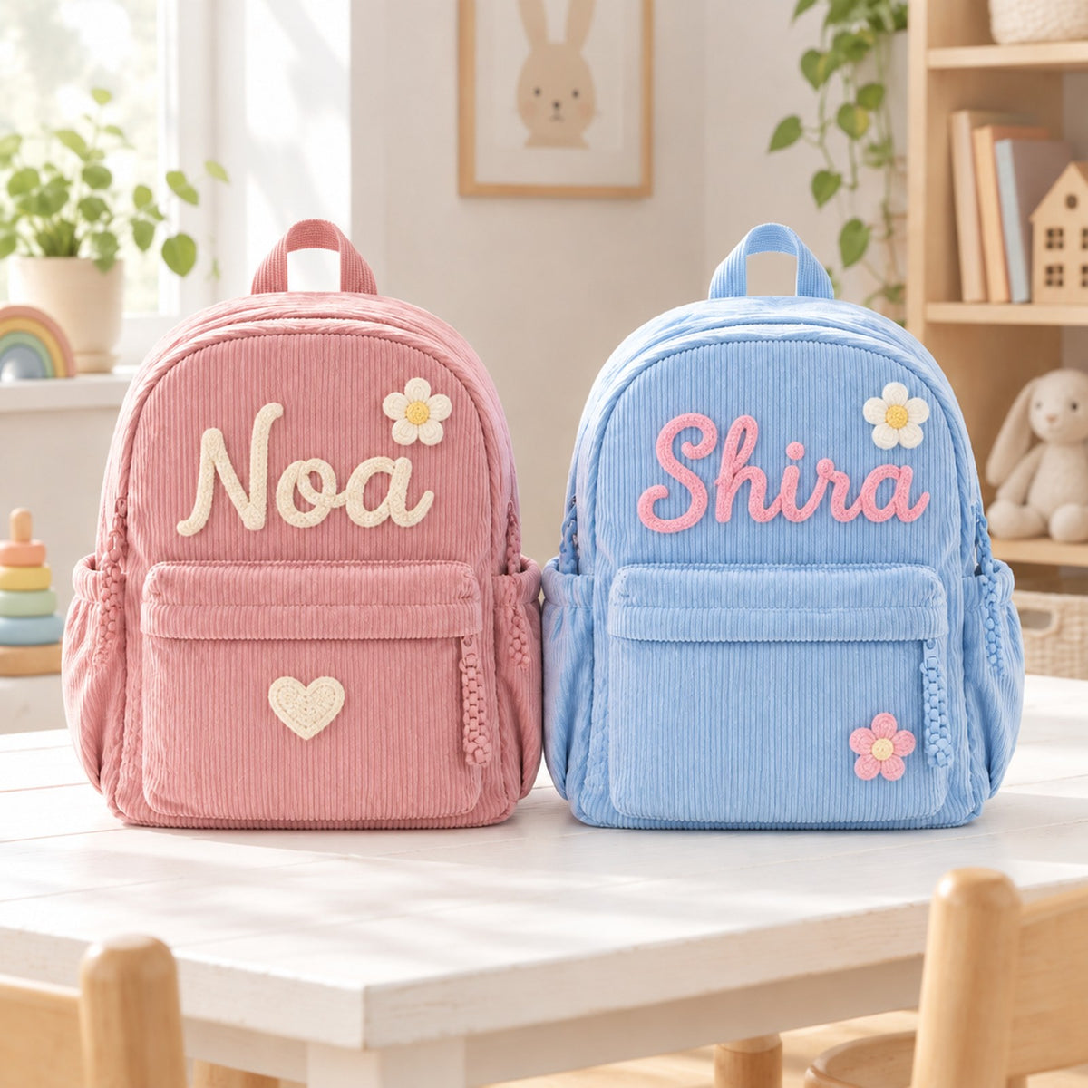 תיקי NOMI עם השמות Noa ו-Shira, פרח למעלה ולב או פרח למטה